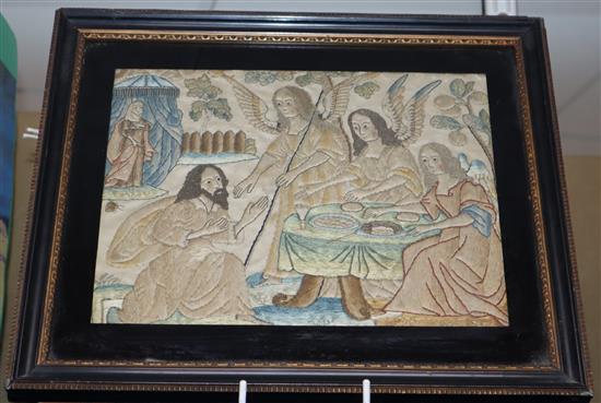 An 18th century embroidered picture of a Biblical scene